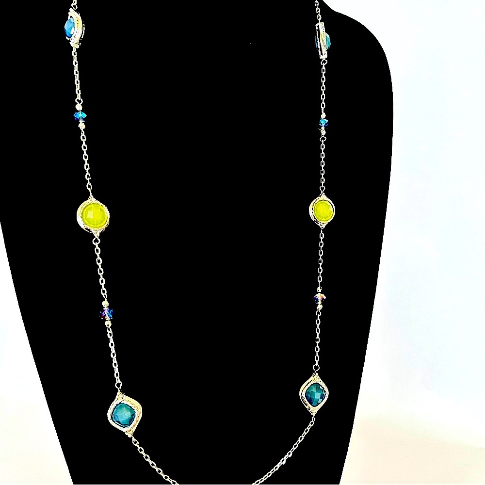 LOFT | Silver-Tone Long Station Necklace with Blue & Green Faceted Beads | NEW - Picture 2 of 8
